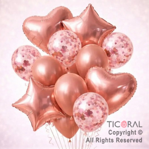 SET DE GLOBOS METALIZADOS ESTRELLA CORAZON CONFETI Y LATEX ROSA GOLD x 14 UNIDADES